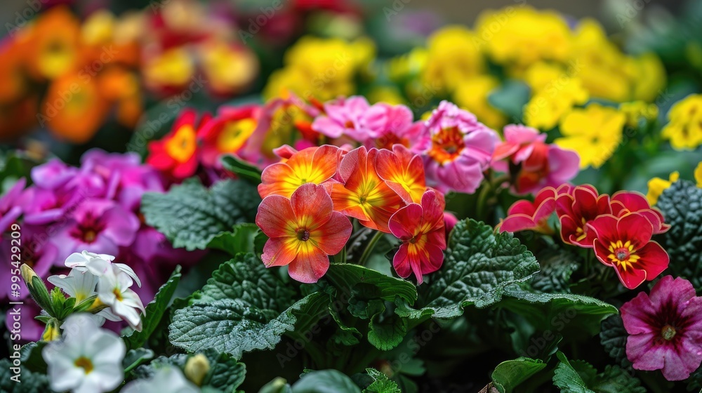 Vibrant primroses surrounded by diverse blooms Vibrant primroses surrounded by diverse blooms