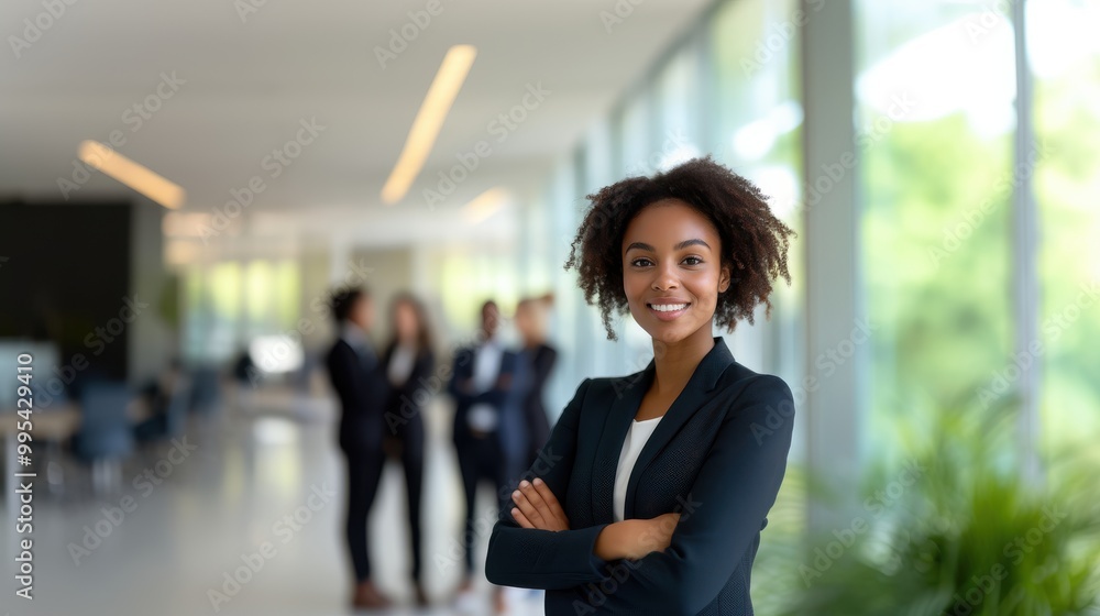 Confident businesswoman smiling in office. Confident businesswoman smiling in office.