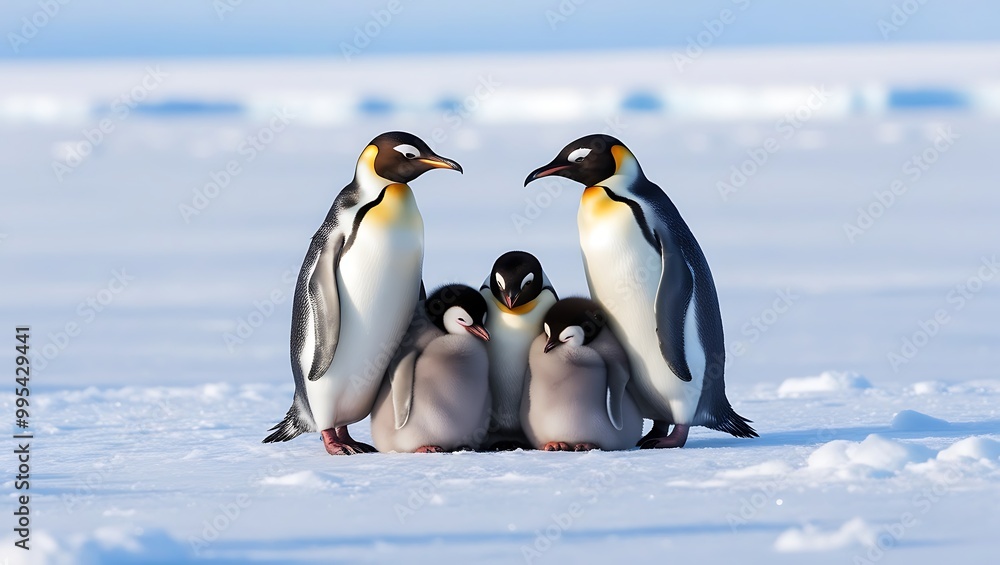 Fototapeta premium This enchanting photograph captures the heartwarming moment of a line of penguin chicks following their parent across a vast, snowy landscape.