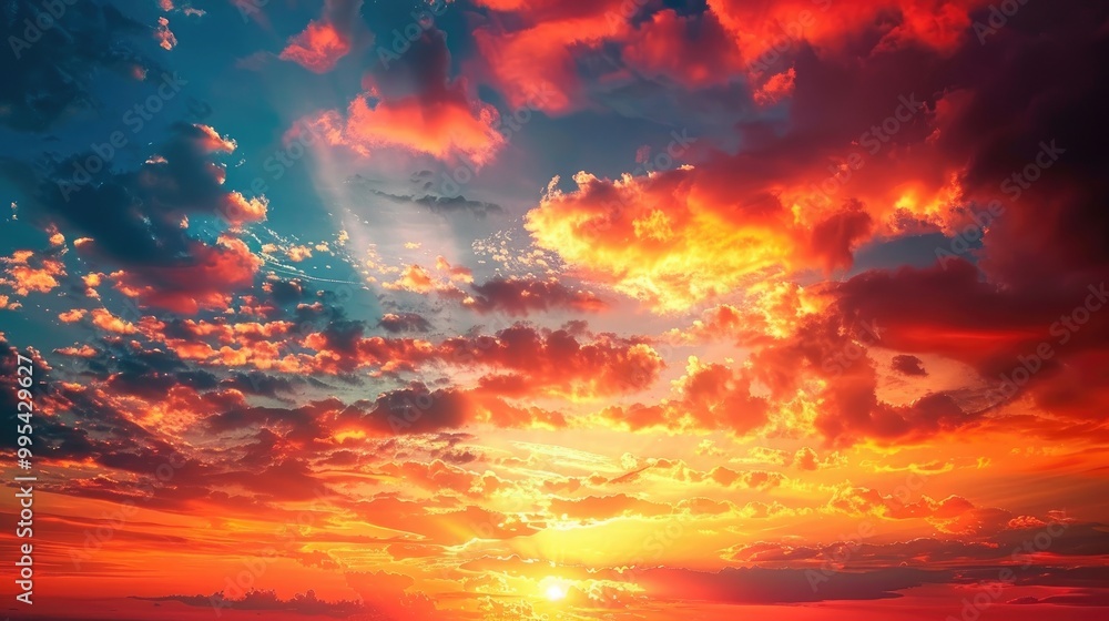 Vivid sunset sky with red clouds in a summer outdoor natural setting Vivid sunset sky with red clouds in a summer outdoor natural setting