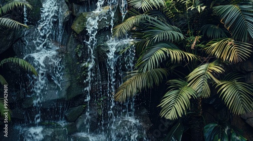 Fern trees beside cascading waterfalls photo