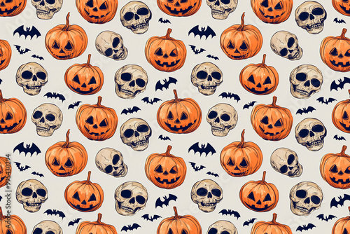 halloween pumpkins and bats seamless pattern with white background