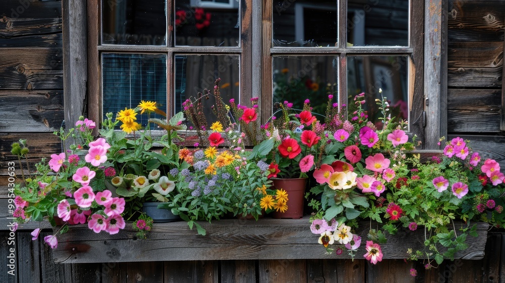 Flower bed beneath building window Flower bed beneath building window