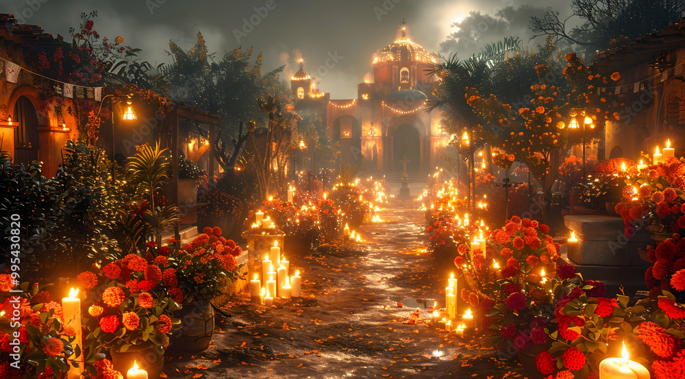 Obraz premium 3D Illustration: Candlelit Path Through a Mystical Village