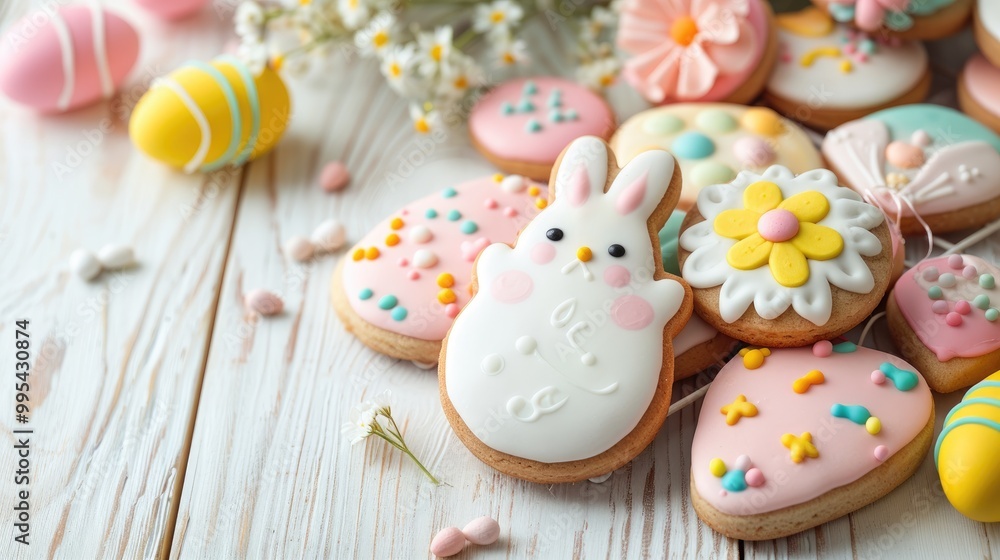 Obraz premium Vibrant Easter cookies and bunny on light wood backdrop