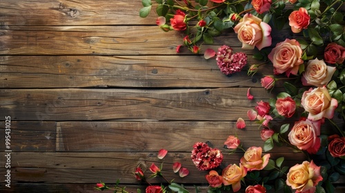 Heart shaped rose flowers on wooden table with space for text