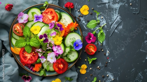 Fresh vegetable salad garnished with flowers and mint