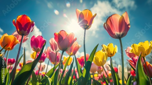 Vibrant tulips in a sunny spring field