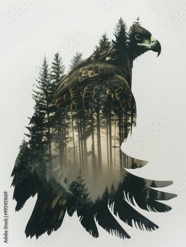 Double Exposure of Eagle Sitting Silhouette with Forest Landscape