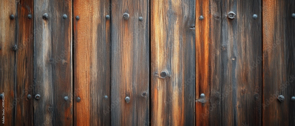 Fototapeta premium Wooden wall with varying brown tones and contrasting textures capturing natural weathering effects