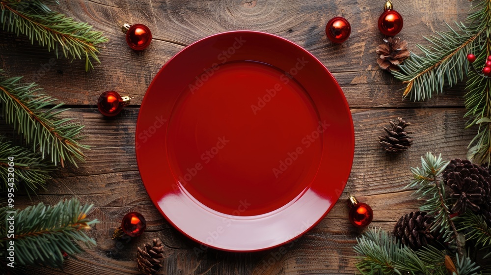 Festive table setting featuring a red plate on wood backdrop Festive table setting featuring a red plate on wood backdrop