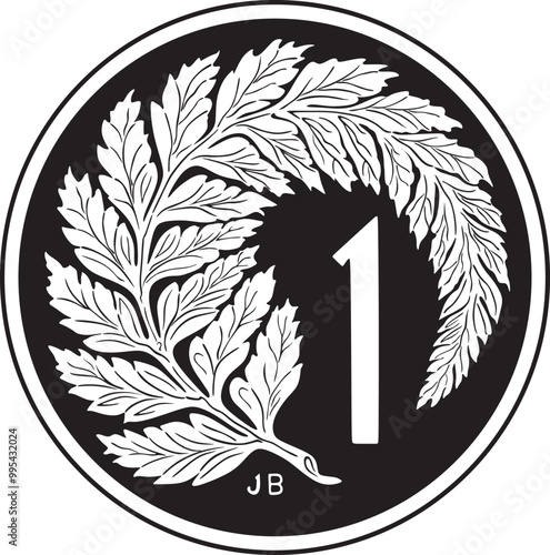 One cent New Zealand coin 1967-1987 vector design with silver fern handmade silhouette.	