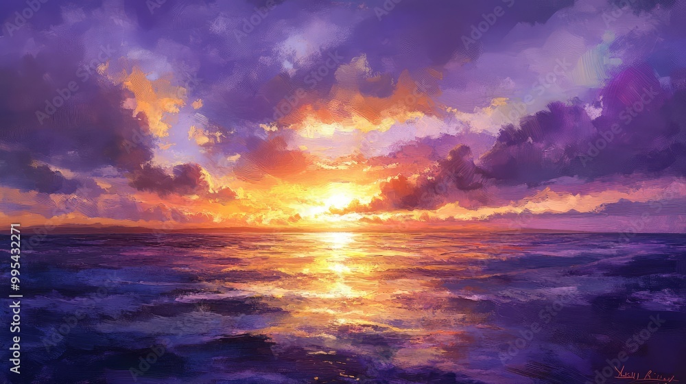 A colorful sunset illuminating the sea with shades of purple and gold A colorful sunset illuminating the sea with shades of purple and gold