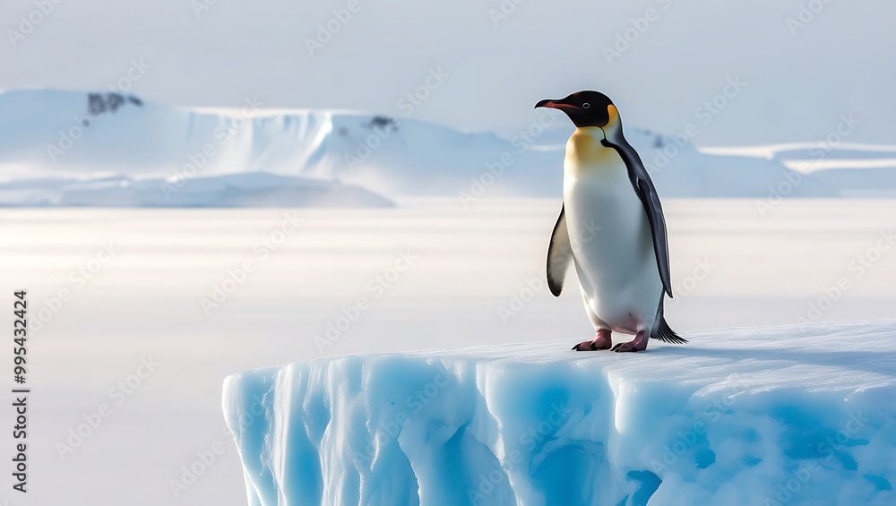 Obraz premium This stunning photograph captures the essence of strength and solitude as a lone penguin stands proudly on a massive iceberg, surrounded by the vast, icy expanse of the polar region.