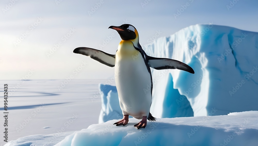 Obraz premium This stunning photograph captures the essence of strength and solitude as a lone penguin stands proudly on a massive iceberg, surrounded by the vast, icy expanse of the polar region.