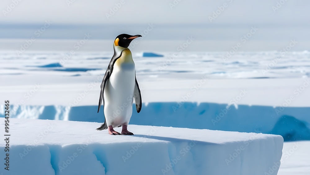 Obraz premium This stunning photograph captures the essence of strength and solitude as a lone penguin stands proudly on a massive iceberg, surrounded by the vast, icy expanse of the polar region.