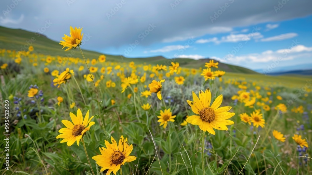 Fototapeta premium Vertical photo of abundant yellow wildflowers in a meadow