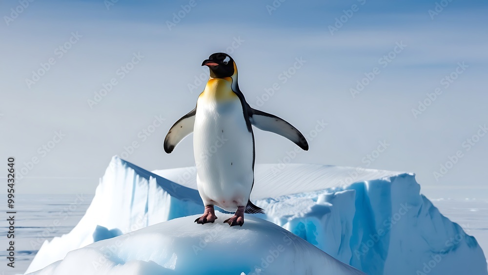 Obraz premium This stunning photograph captures the essence of strength and solitude as a lone penguin stands proudly on a massive iceberg, surrounded by the vast, icy expanse of the polar region.