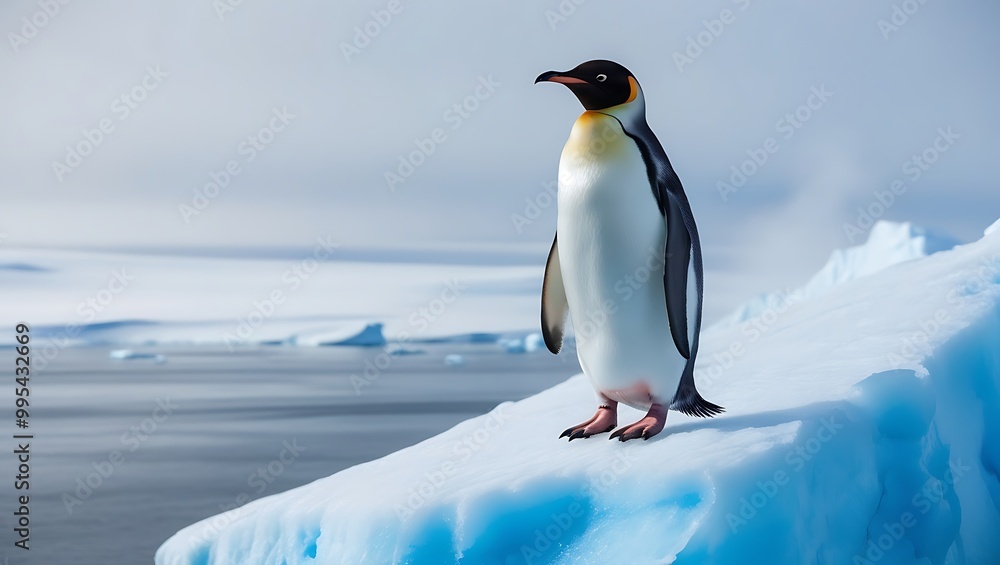 Fototapeta premium This stunning photograph captures the essence of strength and solitude as a lone penguin stands proudly on a massive iceberg, surrounded by the vast, icy expanse of the polar region.