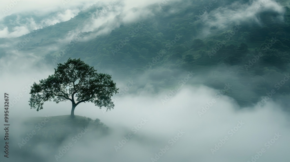 Fototapeta premium Tree covered in fog among the mountains