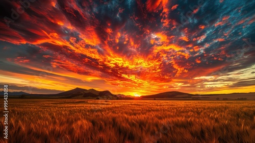 Fiery sunrise above a field