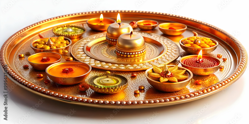3D Macro Shot of Bhai Dooj Offering Tray Concept: Intricate Patterns and Modern Design in a Futuristic 3D Icon on White Background 3D Macro Shot of Bhai Dooj Offering Tray Concept: Intricate Patterns and Modern Design in a Futuristic 3D Icon on White Background