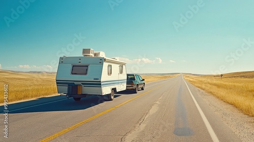 A travel trailer hitched to an SUV, traveling down a rural highway under clear skies