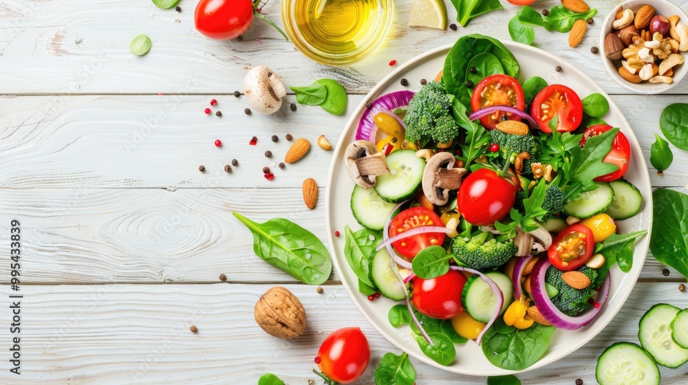 Healthy Vegetable Salad with Spinach Mushrooms Tomatoes Onions Cucumbers Broccoli Olives Nuts on Light Wooden Background Healthy Vegetable Salad with Spinach Mushrooms Tomatoes Onions Cucumbers Broccoli Olives Nuts on Light Wooden Background