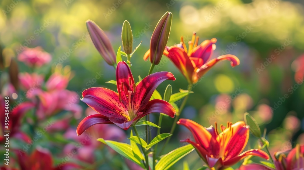 Unique burgundy lily blossoms in summer garden on a sunny day Unique burgundy lily blossoms in summer garden on a sunny day