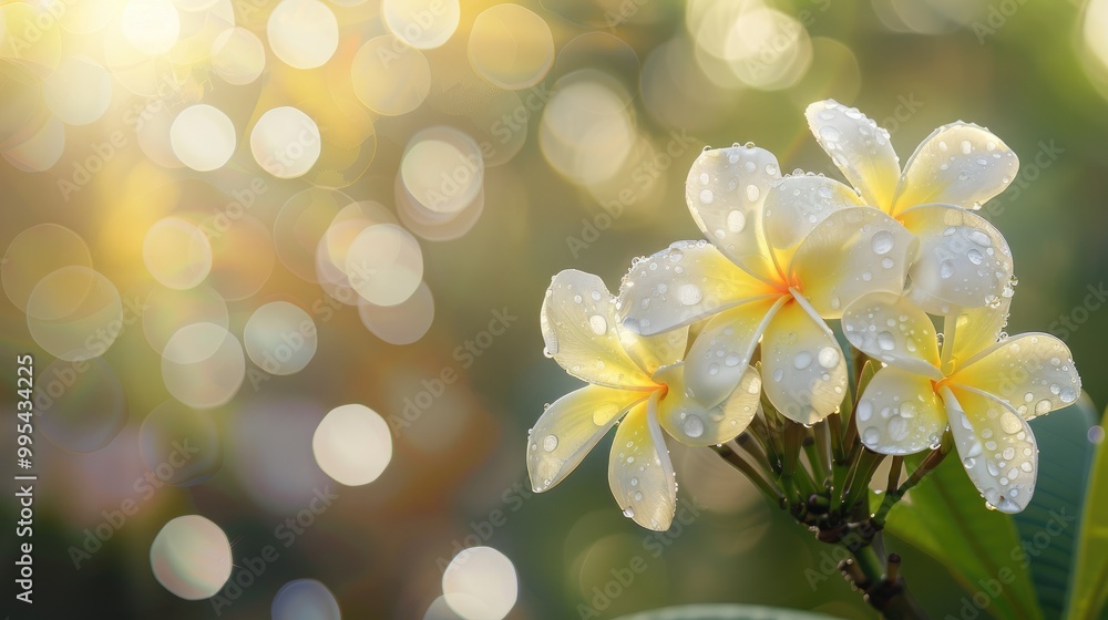 White and yellow plumeria blooms isolated with water droplet on blurred garden backdrop White and yellow plumeria blooms isolated with water droplet on blurred garden backdrop