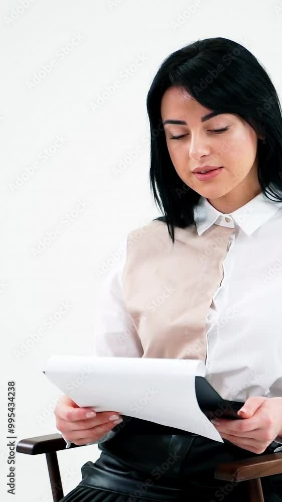 Attractive business woman reading in empty studio. Beautiful girl in white blouse and short black skirt sitting on a stool and reading paper work. Vertical video Attractive business woman reading in empty studio. Beautiful girl in white blouse and short black skirt sitting on a stool and reading paper work. Vertical video
