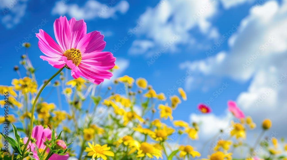 Vivid Pink Mallow Flower with Yellow Rudbeckia and Blue Sky Sunny Day Photography Background Vivid Pink Mallow Flower with Yellow Rudbeckia and Blue Sky Sunny Day Photography Background