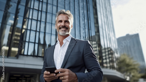 A businessman holding a mobile phone in front of an office building, smiling at the camera while standing outdoors near a skyscraper. 