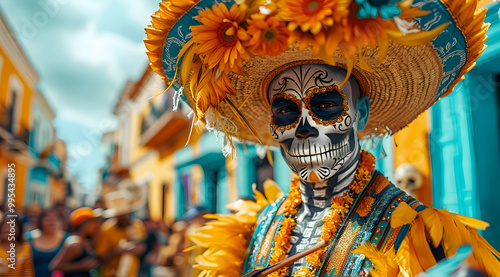 Day of the Dead Celebration: Person in Costume with Flowers and a Hat