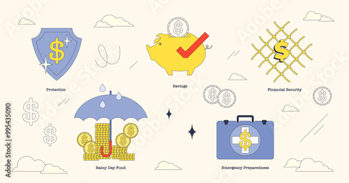 Illustration of emergency fund concepts with piggy bank, shield, and umbrella in neubrutalism style collection.