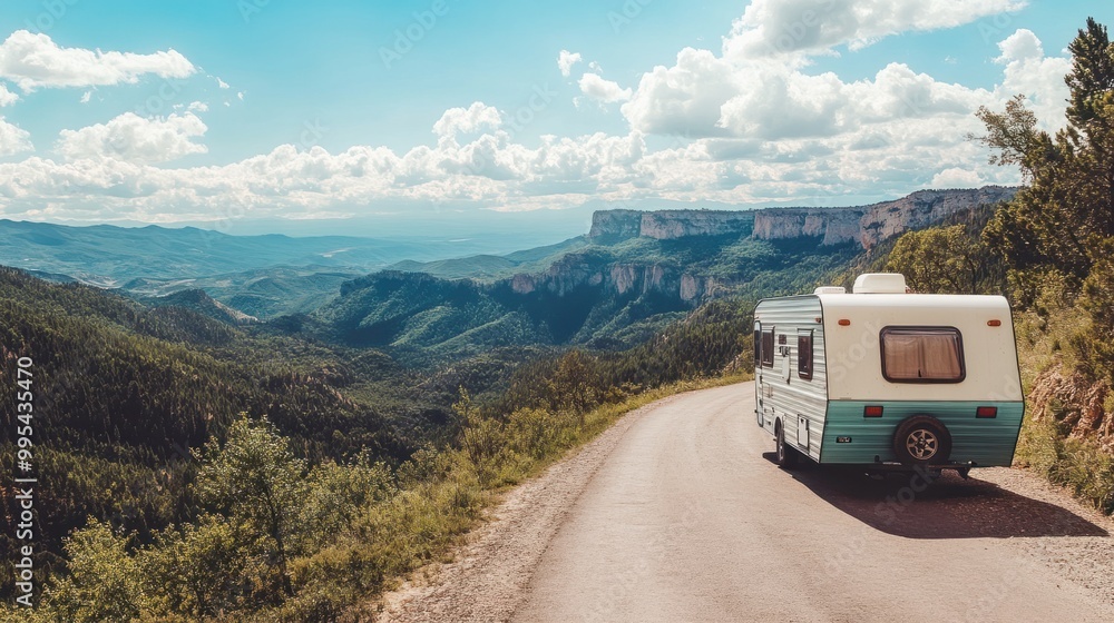 A travel trailer on a scenic mountain road, with a stunning view of the landscape A travel trailer on a scenic mountain road, with a stunning view of the landscape