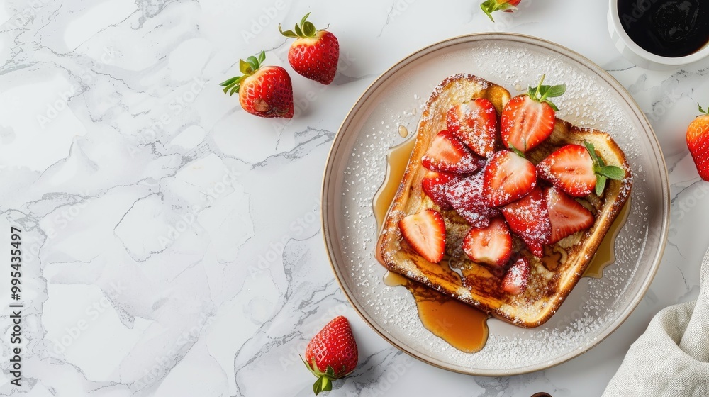 French toast with strawberries maple syrup on plate white marble background Top view flat lay French toast with strawberries maple syrup on plate white marble background Top view flat lay