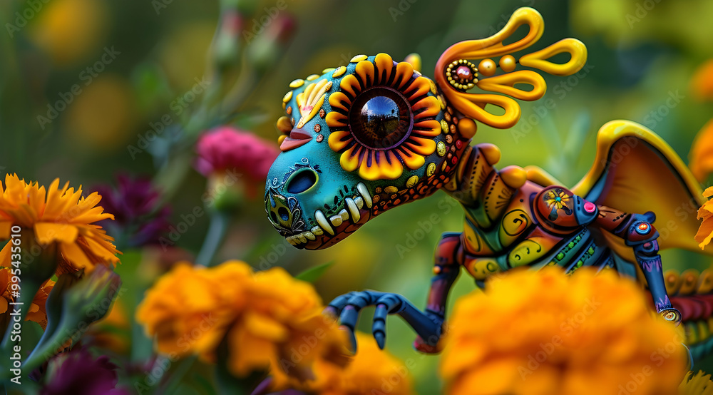 Fototapeta premium 3D Illustration of a Colorful Fantasy Creature Among Flowers