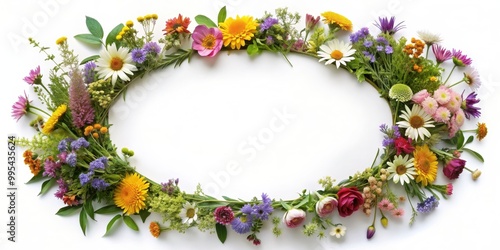 Fototapeta Naklejka Na Ścianę i Meble -  Oval frame filled with colorful wild flowers and herbs , wild, flowers, herbs, nature, oval, frame, colorful, vibrant
