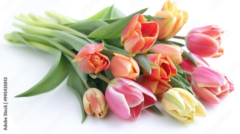 Tulip flowers in a lovely bunch on a plain white backdrop Tulip flowers in a lovely bunch on a plain white backdrop