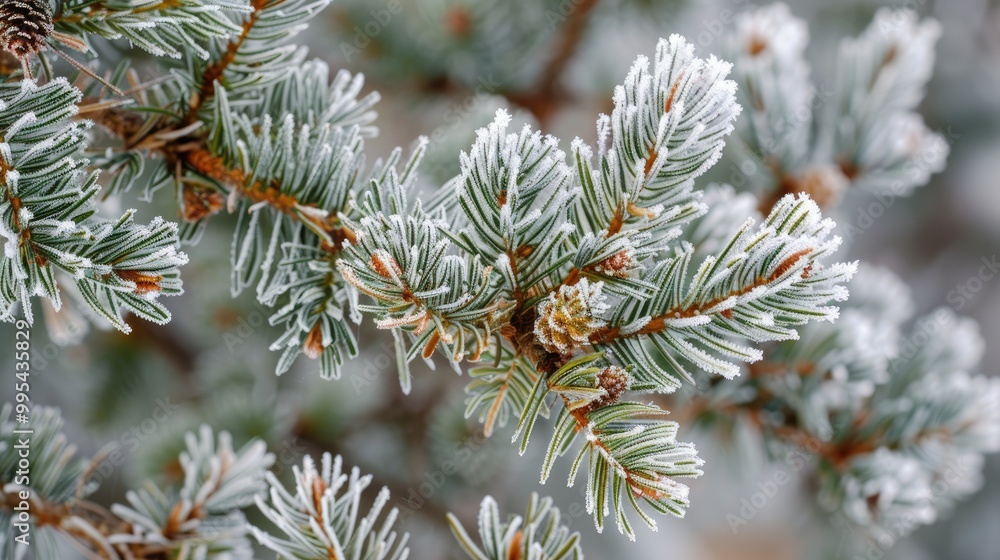 Frost on the pine tree s branches and green needles Frost on the pine tree s branches and green needles