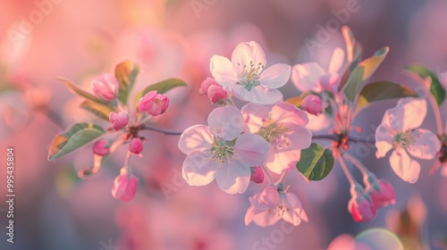 White blossoms adorn apple branch with pink hues spring day background with blur