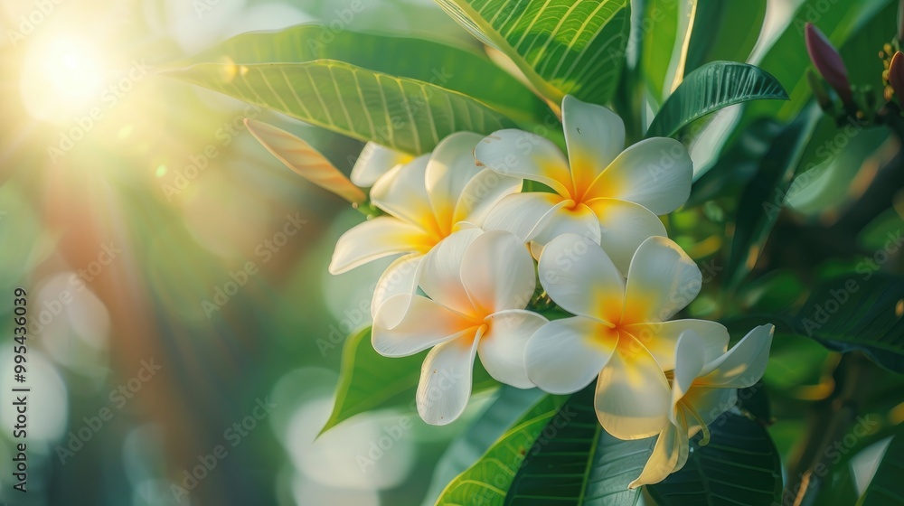 White and yellow flowers with green leaves in focus Frangipani tropical flower branches Blooming Plumeria on tree Spa floral scene in nature White and yellow flowers with green leaves in focus Frangipani tropical flower branches Blooming Plumeria on tree Spa floral scene in nature