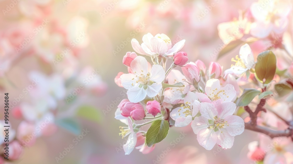 White blossoms adorn apple branch with pink hues spring day background with blur White blossoms adorn apple branch with pink hues spring day background with blur