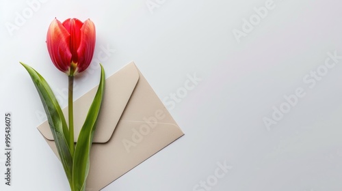 Spring themed greeting card with tulip and letters on white background top view