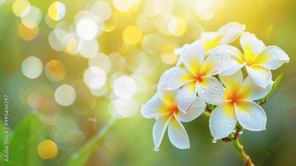 White and yellow plumeria blooms isolated with water droplet on blurred garden backdrop White and yellow plumeria blooms isolated with water droplet on blurred garden backdrop