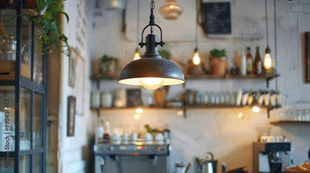 Obraz premium Vintage lamp hanging in white cafe shop
