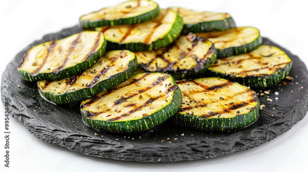 Grilled zucchini slices on slate plate against white backdrop Grilled zucchini slices on slate plate against white backdrop
