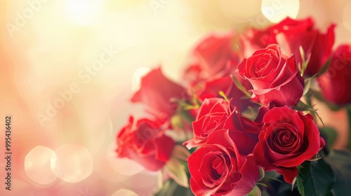 Fototapeta Naklejka Na Ścianę i Meble -  Vibrant red roses in natural setting blooming bouquet with romantic feel on soft background