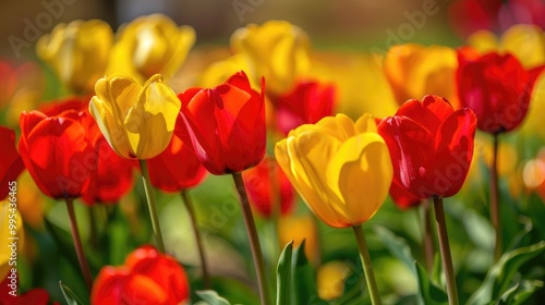 Vivid background of red and yellow tulips in spring